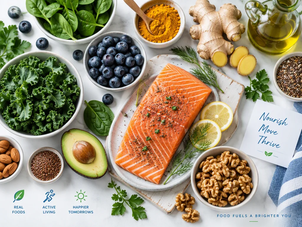 Colorful anti-inflammatory foods including leafy greens and berries
