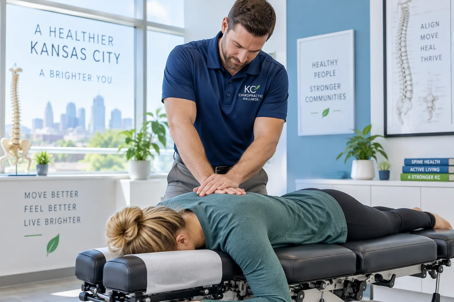 Chiropractor performing a spinal adjustment on a patient in Kansas City